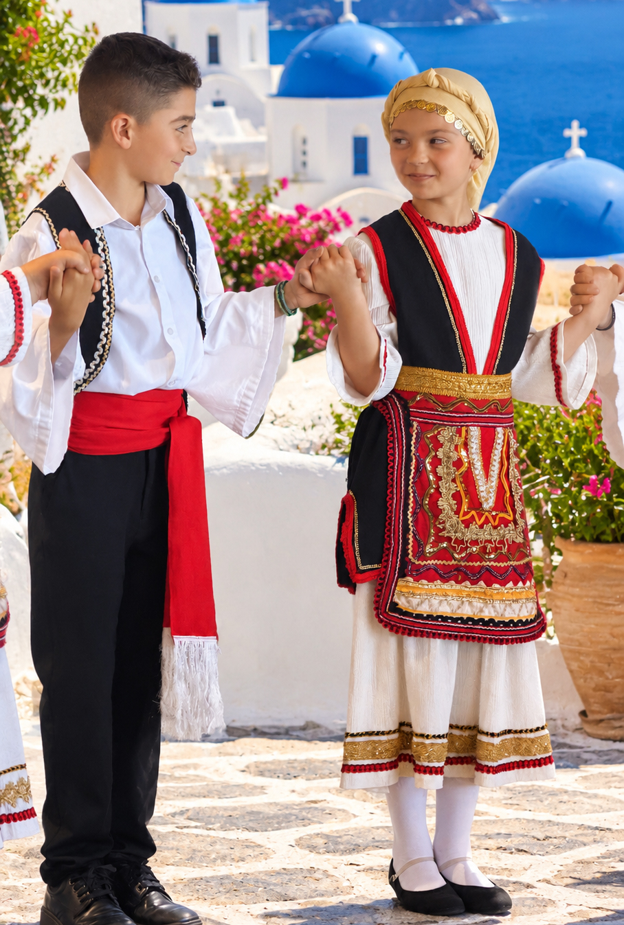 Young Greek dancers holding hands in traditional costumes in Santorini